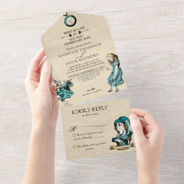 Vintage Teal Gold Alice in Wonderland Wedding All In One Invitation (Tearaway)