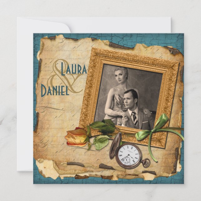 Vintage Teal, Gold Frame Photo Wedding Invite (Front)