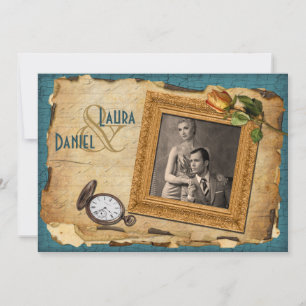 Vintage Teal, Gold Frame Photo Wedding Invite II