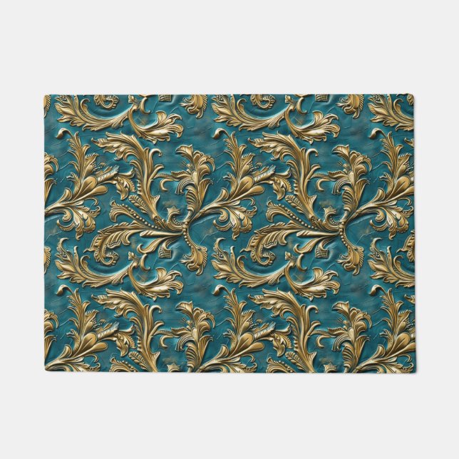 Vintage Teal gold tooled leather Doormat (Front)