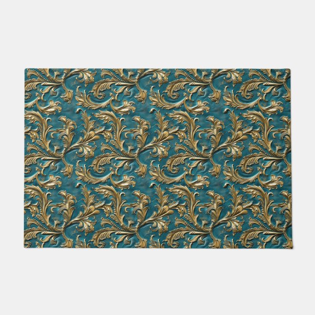 Vintage Teal gold tooled leather Doormat (Front)