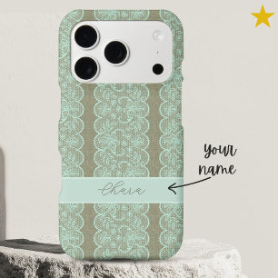 Vintage Teal Lace Custom Monogram Grey Linen