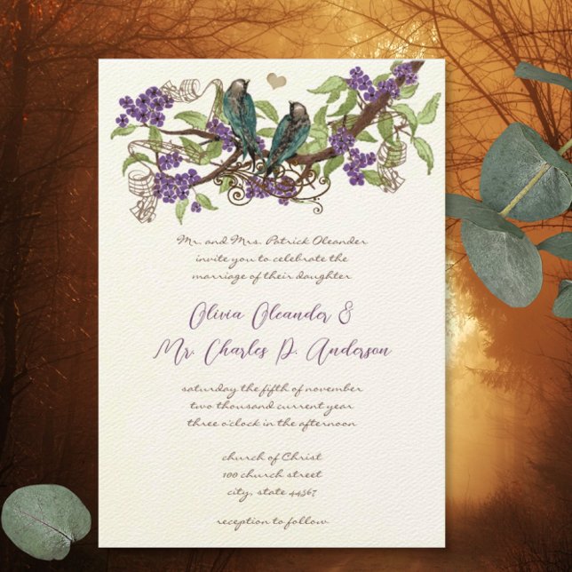 Vintage Teal Love Bird Purple Blossoms Wedding  Invitation (Creator Uploaded)
