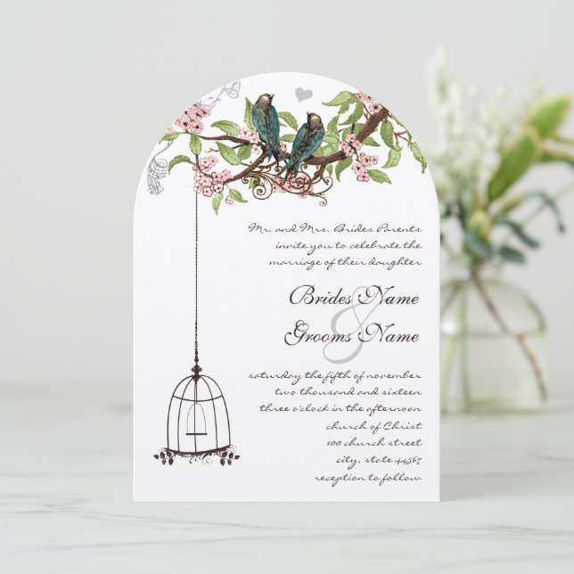 Vintage Teal Love Birds Birdcage & Pink Blooms Invitation (Standing Front)