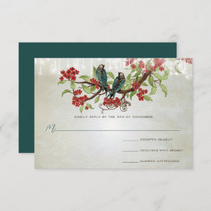 Vintage Teal Love Birds Red Blossom Grey Wedding  RSVP Card