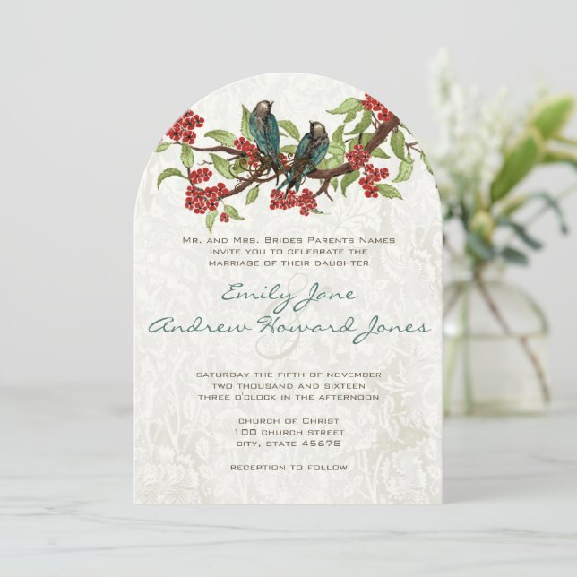Vintage Teal Love Birds Red Cherry Blossom Invitation (Standing Front)