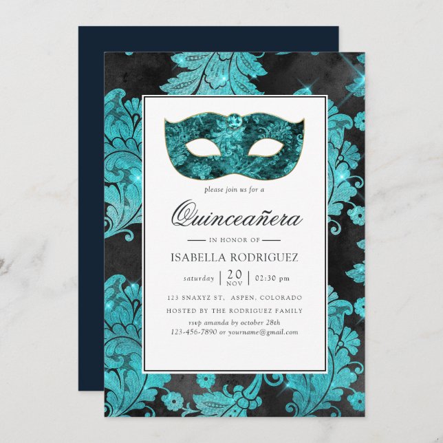 Vintage Teal Masquerade Damask Quinceañera Invitation (Front/Back)