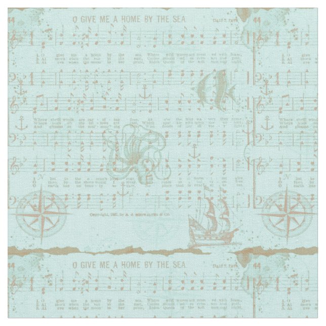 Vintage Teal Nautical Musical Sheet Fabric (Close Up)