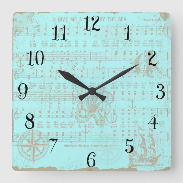 Vintage Teal Nautical Musical Sheet Square Wall Clock (Front)