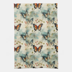 Vintage Teal Orange Butterfly Botanical Tea Towel