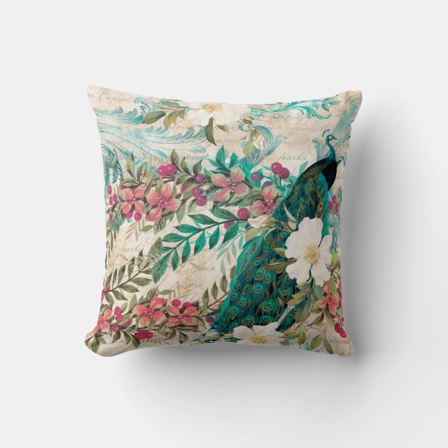 Vintage Teal Peacock and Pink Floral Cushion (Front)