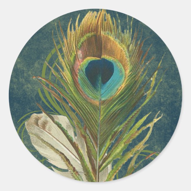 Vintage Teal Peacock Feather Classic Round Sticker (Front)