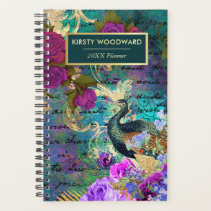 Vintage Teal, pink & Gold floral Peacock Planner