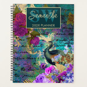 Vintage Teal, pink & Gold floral Peacock Planner