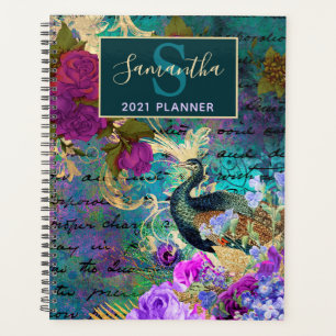 Vintage Teal, pink & Gold floral Peacock Planner
