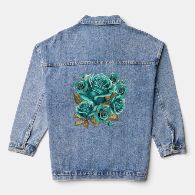 Vintage Teal Rose  Denim Jacket (Back)