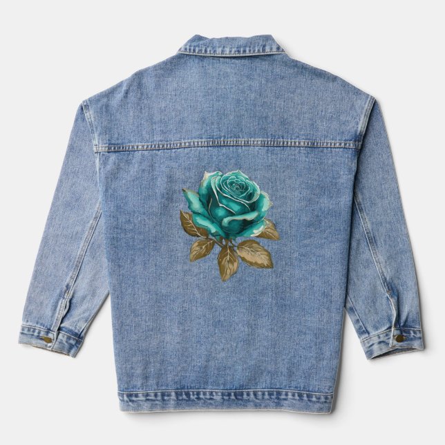 Vintage Teal Rose  Denim Jacket (Back)