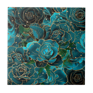 Vintage Teal Rose Gold Glitter Glam Boho Floral Tile