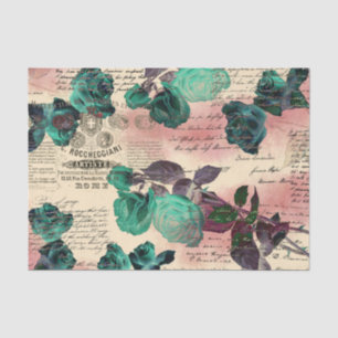 Vintage Teal Roses Script Pink Blush Ephemera Tiss Tissue Paper