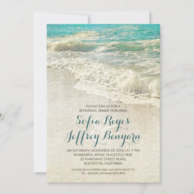 vintage teal sea beach rehearsal dinner invitation (Front)