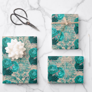 Vintage Teal Silver Floral Damask Pattern Wrapping Paper Sheet