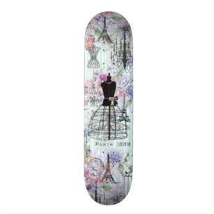Vintage teal stripes paris collage pink floral skateboard