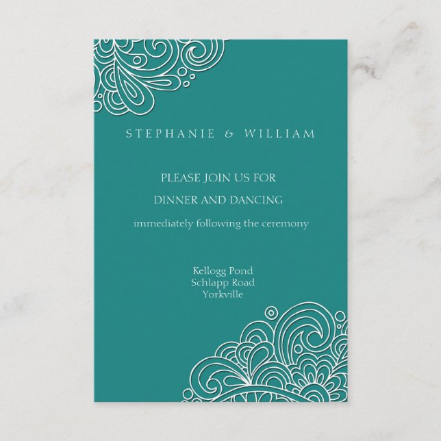 Vintage Teal Swirl Damask Wedding Reception Card (Front)