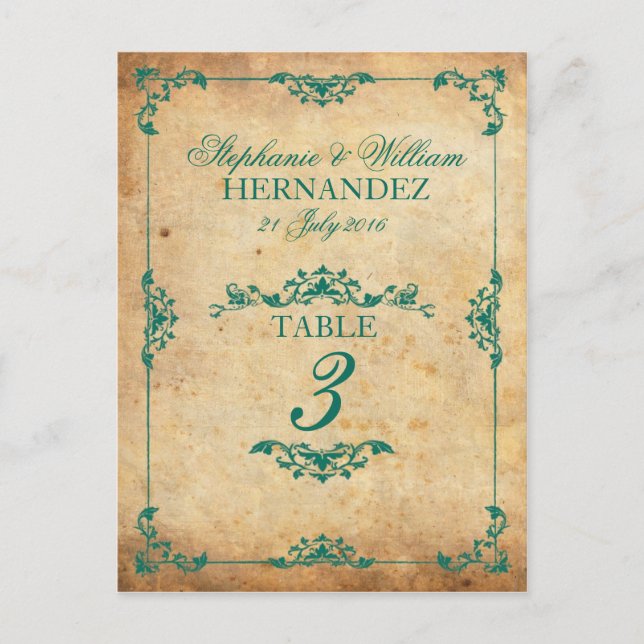 Vintage Teal Swirl Wedding Reception Table Number Postcard (Front)