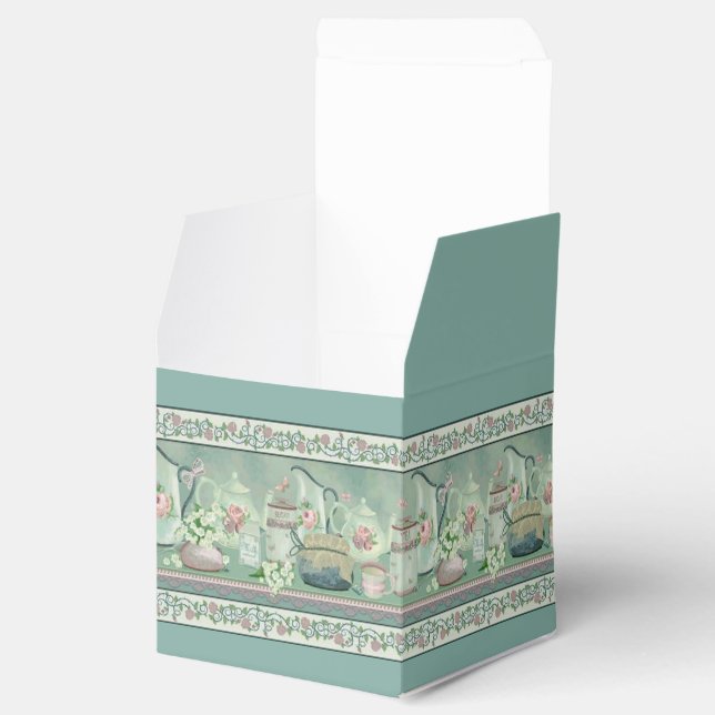 Vintage Teal Tea & Roses Cube Favour Box (Opened)