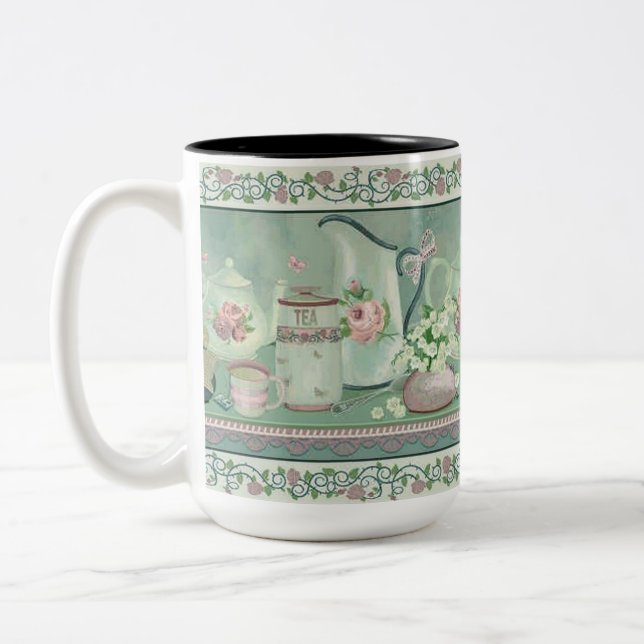 Vintage Teal Tea & Roses Mug (Left)