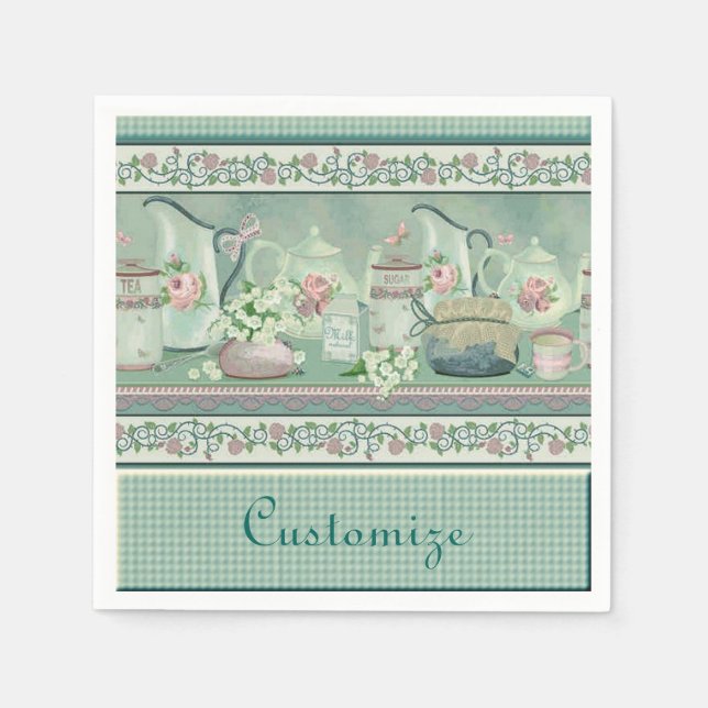 Vintage Teal Tea & Roses Napkins (Front)