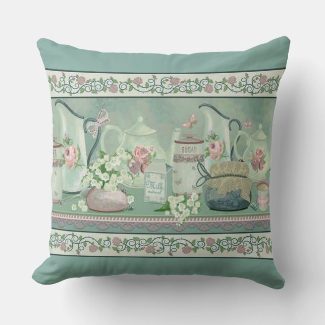 Vintage Teal Tea & Roses Throw Pillow (Front)