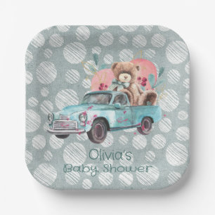 Vintage Teal Truck Teddy Bear Baby Shower Paper Plate