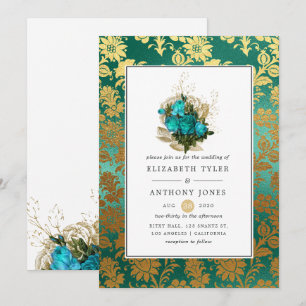 Vintage Teal - Turquoise and Gold Floral Wedding Invitation
