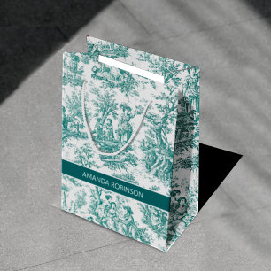 Vintage teal turquoise de jouy medium gift bag