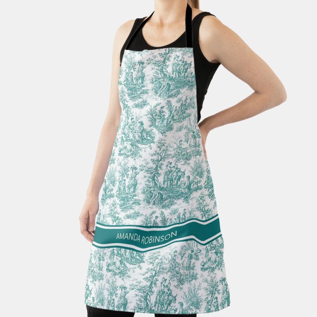 Vintage teal turquoise de jouy printed  apron (Insitu)
