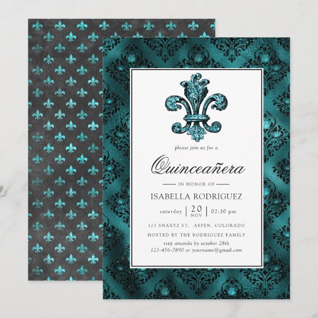 Vintage Teal - Turquoise Fleur de Lis Quinceañera Invitation (Front/Back)