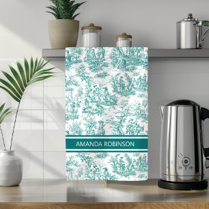 Vintage Teal Turquoise French Toile de Jouy Tea Towel