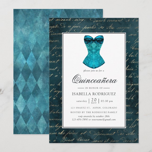 Vintage Teal - Turquoise Masquerade Quinceañera Invitation (Front/Back)