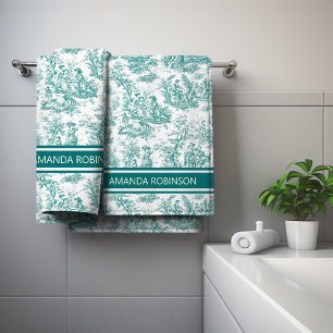 Vintage teal turquoise toile de jouy printed bath towel set