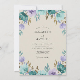 Vintage Teal Violet Painted Wedding Invitation