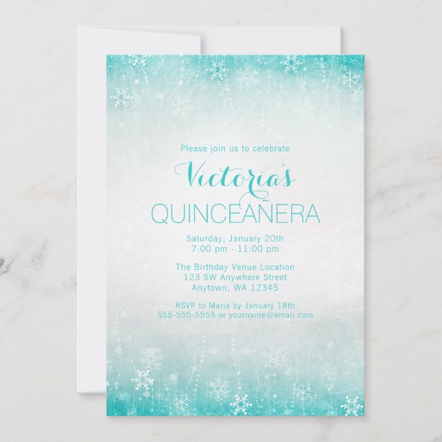 Vintage Teal Winter Wonderland Quinceanera Invites (Front)