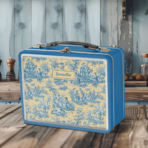 Vintage teal yellow toile de jouy printed metal lunch box