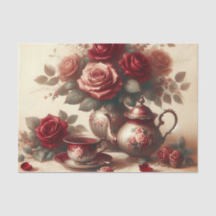 Vintage Teapot and Red Rose Floral Tea Party  Tissue Paper