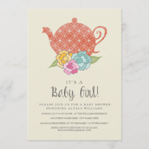 Vintage Teapot Baby Girl Shower Invitation