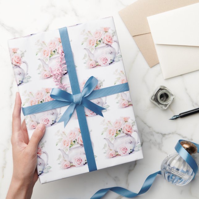 Vintage Teapot Elegant Pink Roses Wrapping Paper (Gifting)