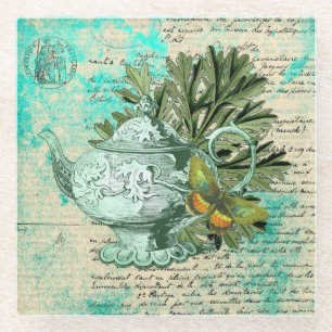 Vintage Teapot & Ephemera Collage Glass Coaster