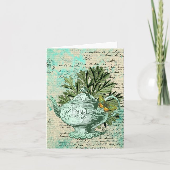Vintage Teapot & Ephemera Collage Greeting Card (Front)