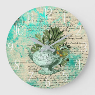 Vintage Teapot & Ephemera Collage Large Clock