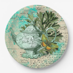 Vintage Teapot & Ephemera Collage Paper Plate